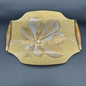 Vintage George Briard Bent Glass Chestnut Leaf Gold Serving Tray, Retro Barware
